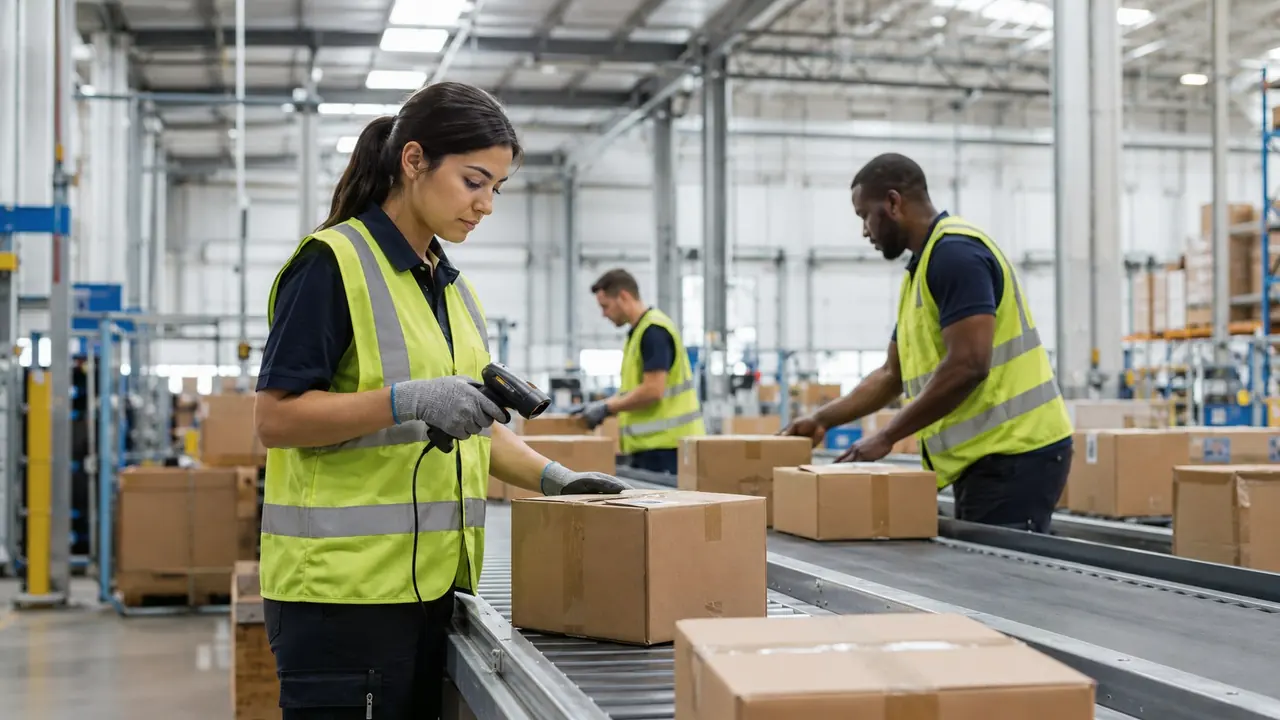 Courier warehouse team preparing parcels for dispatch